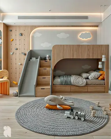 Wooden Kids Bunk Bed with Slide and Storage - Modern Nursery Setup