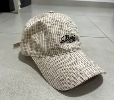 Beige checked baseball cap with script logo NEW