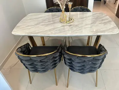 Marble Top Dining Table with 4 Velvet Braided Chairs
