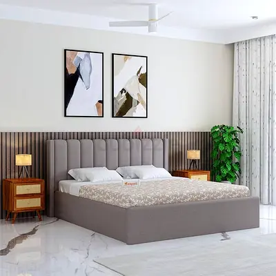 Modern Upholstered Platform Bed with Padded Headboard - Grey, King