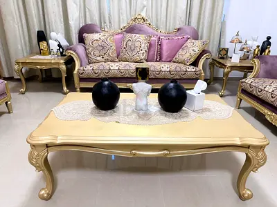 Ornate Gold  Pink Living Room Sofa Set with Coffee Table