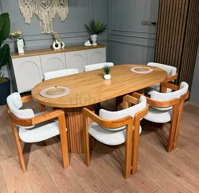 Solid Wood Oval Dining Table with 6 Upholstered Armchairs - Modern Scandinavian Set