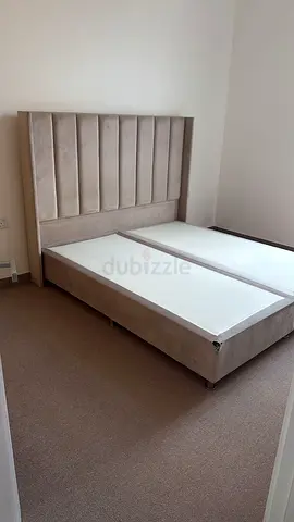 FOR FREE. King Size Velvet Bed Frame with Padded Headboard - Beige