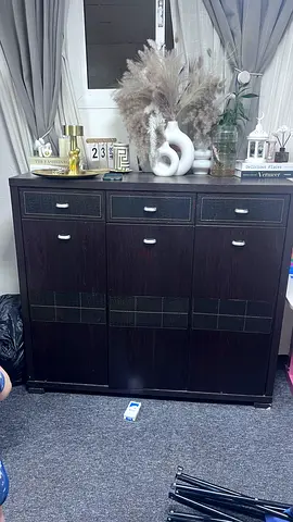 Dark Wood Storage Cabinet with Drawers and Shelves