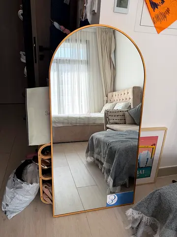 Full-Length Arched Floor Mirror with Gold Frame