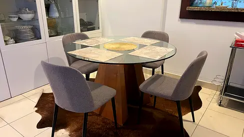 Round Glass Top Dining Table with Wooden Pedestal + 4 Upholstered Chairs