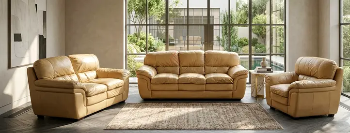 Beige Leather 3-Seater Sofa Set with Armchair and Loveseat — Good Condition
