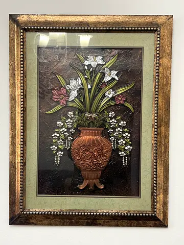 Framed Floral Relief Wall Art with Ornate Vase - Ready to Hang