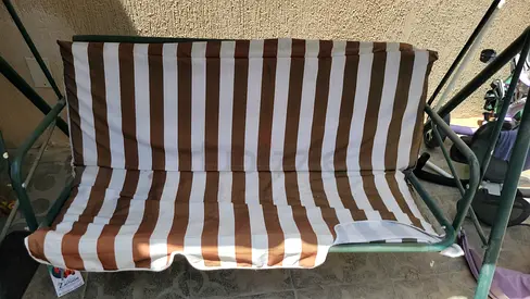 Outdoor 3-Seater Garden Swing Seat with Brown  White Striped Cushion