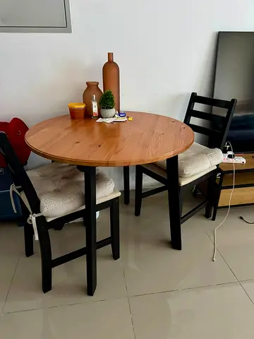 Solid Wood Round Dining Table with 2 Chairs - Compact Set