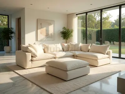 Marina home Luscious origCream L-shaped Modular Sofa with Ottoman – Comfortable 3-Seater Corner Sofa