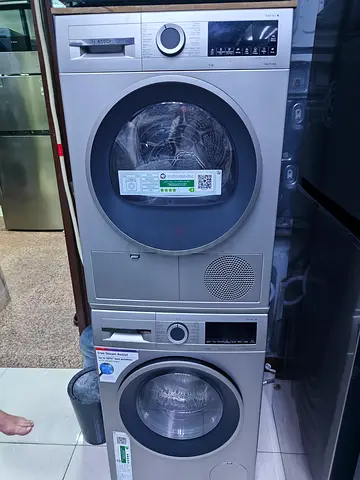 Stacked Bosch Washer and Dryer Set - Front Load, Silver