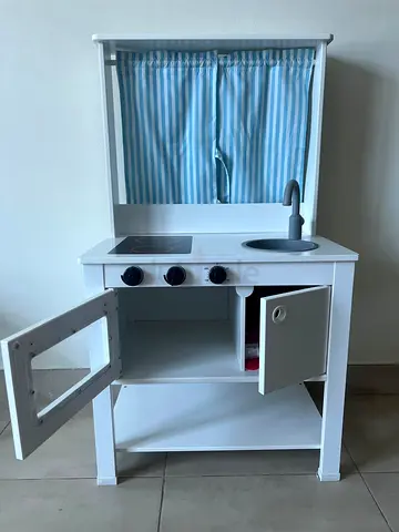 Wooden Play Kitchen with Curtains and Oven - Good Condition