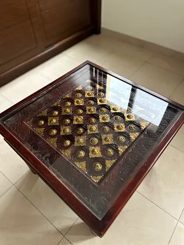 Solid Wood Square Side Table with Glass Top and Brass Inlay