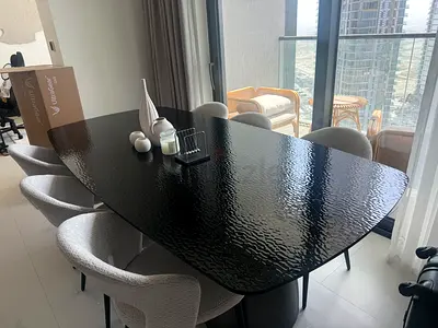Black Textured Glass Dining Table with 6 Upholstered Chairs - Modern Set