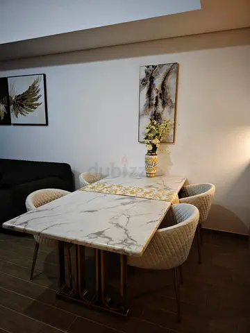 Marble-Top Extendable Dining Table with 4 Upholstered Chairs