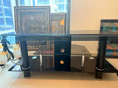 Black Glass TV Stand with Shelves and Metal Legs - Good Condition