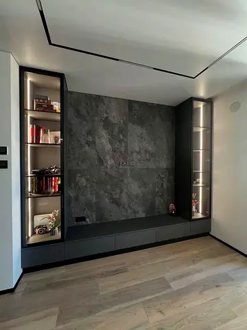 Built-in modern entertainment center with display cabinets