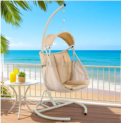 Outdoor Hanging Egg Chair with Stand and Canopy - Beige