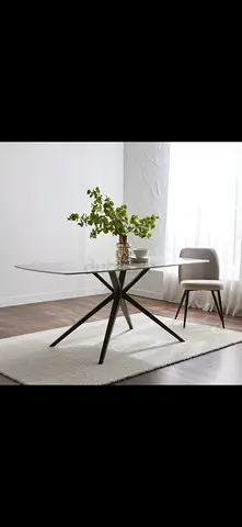 Modern Glass Top Dining Table with Star-Base Metal Legs