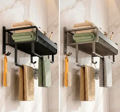 Wall-mounted bathroom towel rack with hooks and shelf — matte finish