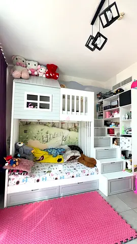 White bunk-style children’s bed with storage and stairs with storage (good condition)