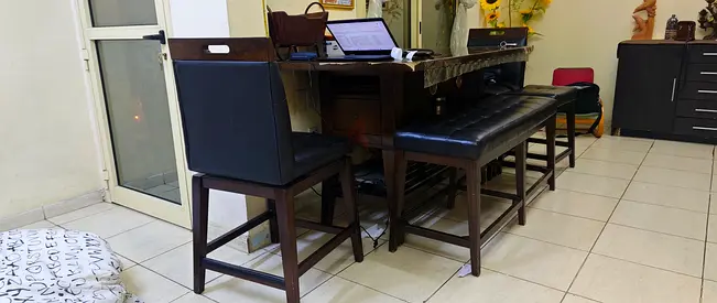 Solid wood dining table set with bench and chairs – good condition. Rotate able chairs