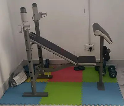 Adjustable Weight Bench with Barbell Rack and Leg Curl Attachment - Used
