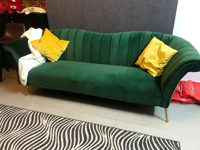 Green Velvet Curved 3-Seater Sofa, Gold Legs with 2 chairs.