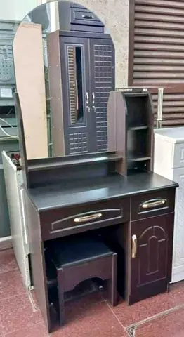 Dark Wood Dressing Table with Mirror, Stool and Storage Cabinet