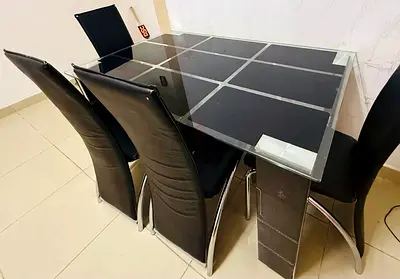 Glass Top Dining Table with 4 Black High-Back Chairs - Modern Set