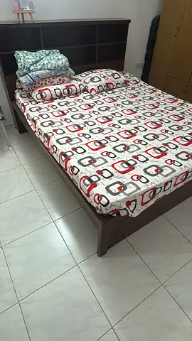 Used Wooden Bed with Mattress and Headboard Storage