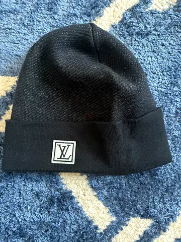 Louis Vuttion, Black knit beanie with designer-style logo patch - good condition