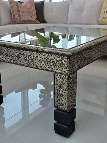 Antique Moroccan Inlaid Glass Top Coffee Table