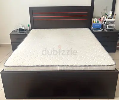 Dark Wood Double Bed Frame with Mattress and Storage
