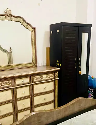 Wooden Dresser with Mirror and Black Wardrobe - Good Condition