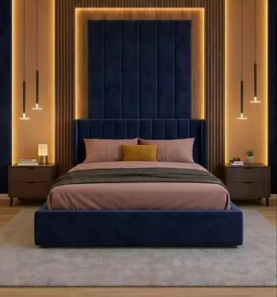 Modern Velvet King Bed with Upholstered Headboard - Deep Blue