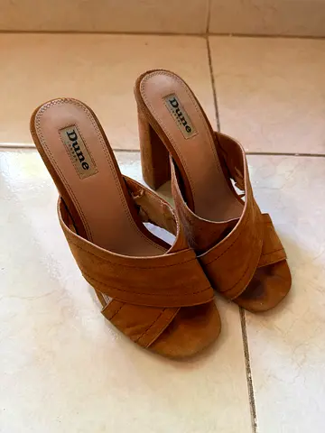 Dune London brown suede open-toe heeled mules, size not marked