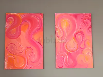 Pair of Abstract Pink Swirl Canvas Paintings - Set of 2 hand painted