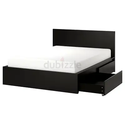 Black Wooden Storage Bed Frame with Headboard (Double/Queen) - 2 Drawers + mattress