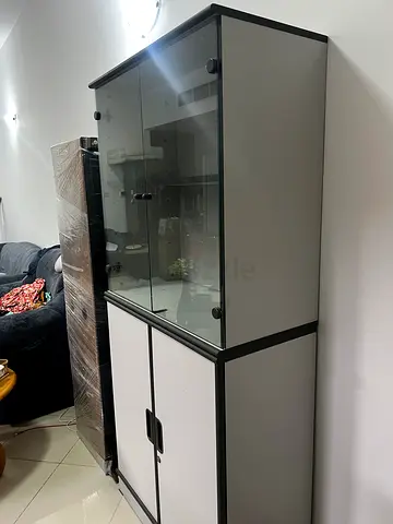 Modern glass-front display cabinet with storage unit