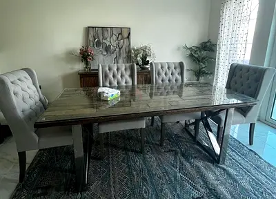 Solid Wood Dining Table with 4 newly Upholstered Chairs - good condition