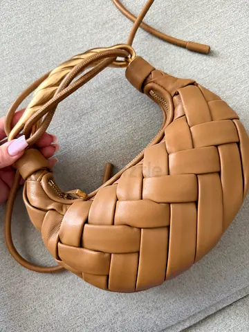 Tan Woven Leather Shoulder Bag - Small Crescent Hobo Style