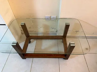 Wood and Glass Rectangular Coffee Table – Solid Base, Tempered Glass Top