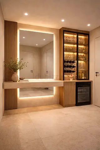 Built-in illuminated display cabinet with wine rack and mini fridge