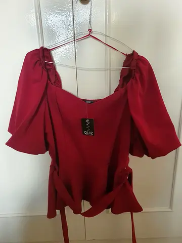 Red Short-Sleeve Wrap Top with Tie Waist - Size 18