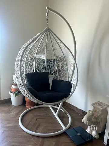 White Wicker Swing with Stand and cushion