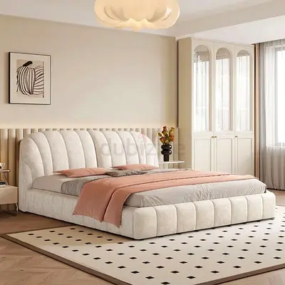 Upholstered King Bed with Padded Headboard - Beige