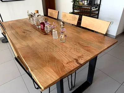 Solid Wood Dining Table with 6 Chairs - Natural Live Edge Top