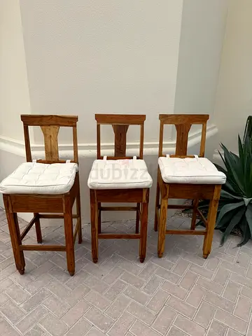Set of 3 Solid Wood Bar Stools / High Chairs with Cushions